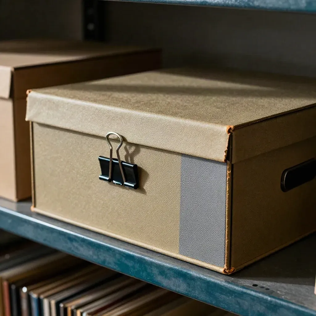 Arkivbox med stålklämmor och sliten ledgerrygg i sidljus