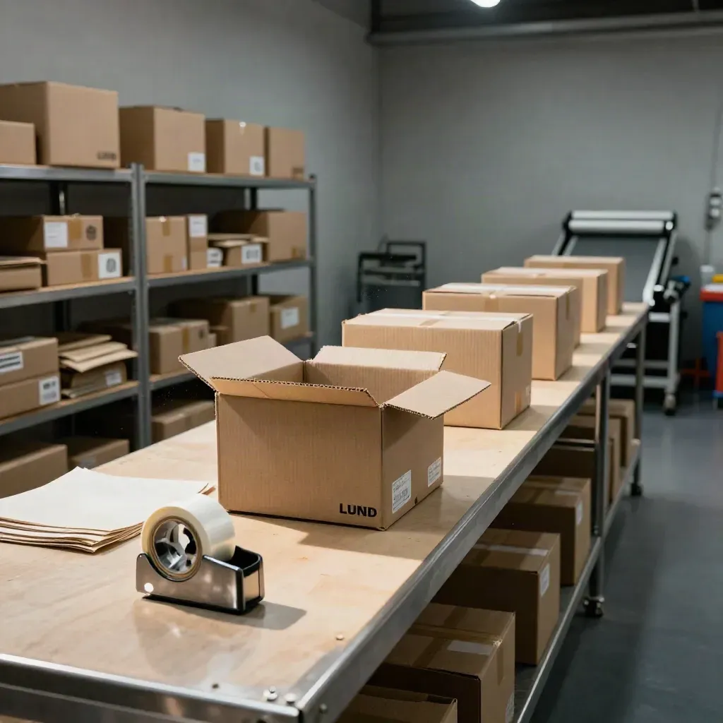 Paketboxar och returshelf i en Lund-webbshop, sedd lågt från packbänken i mjukt dagsljus.