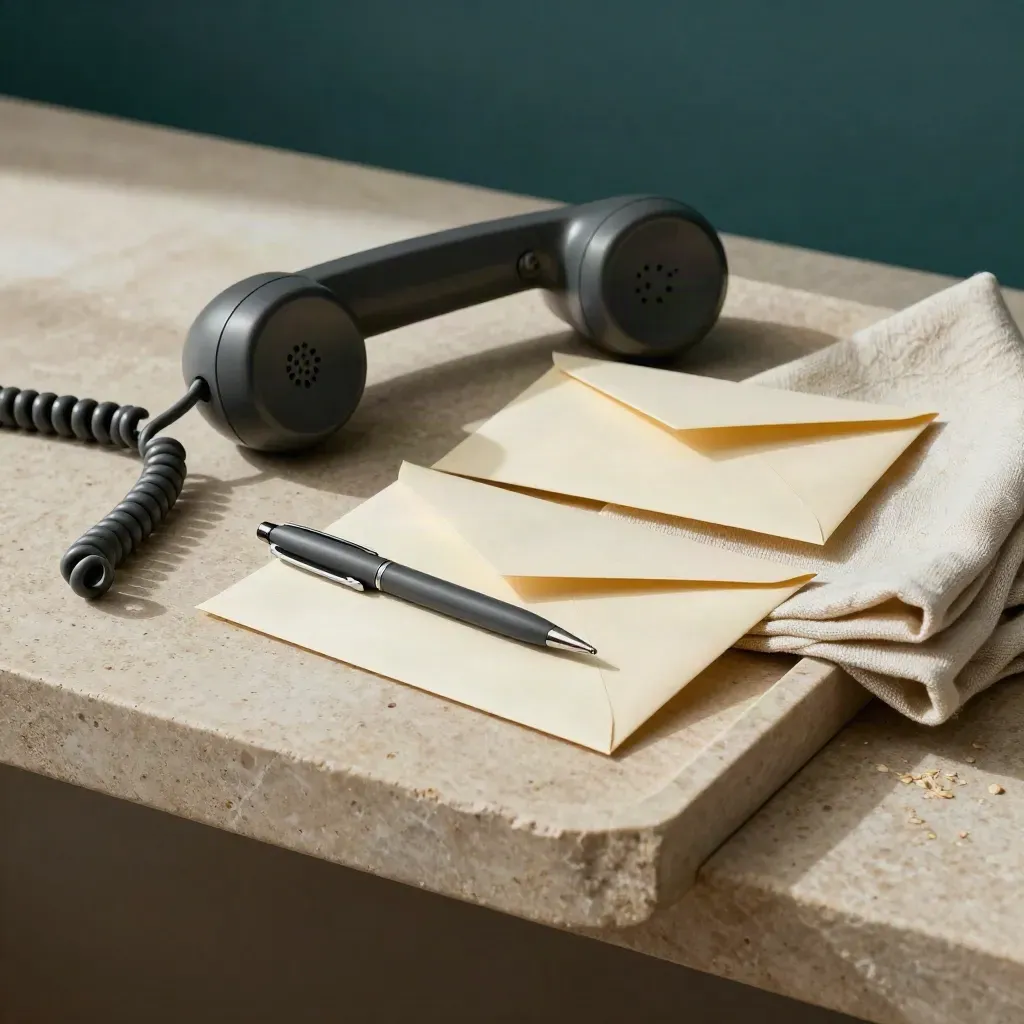 En grå telefonlur, två vikta svarskuvert och en pennhätta på en stenbricka.